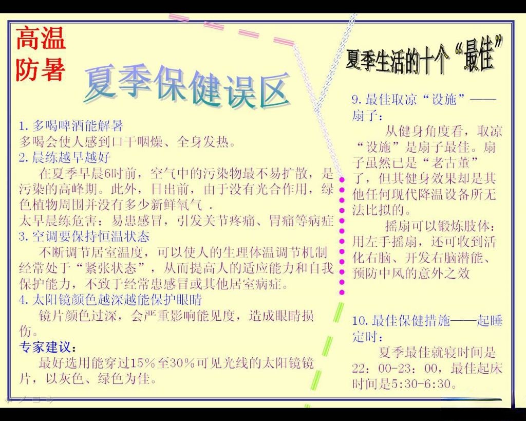 高温防暑专题板报图片及资料：夏季生活的十个“最佳”|夏季保健误区