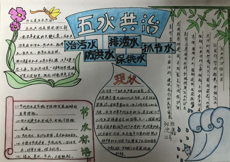 治污水方洪水排涝水保供水抓节水手抄报